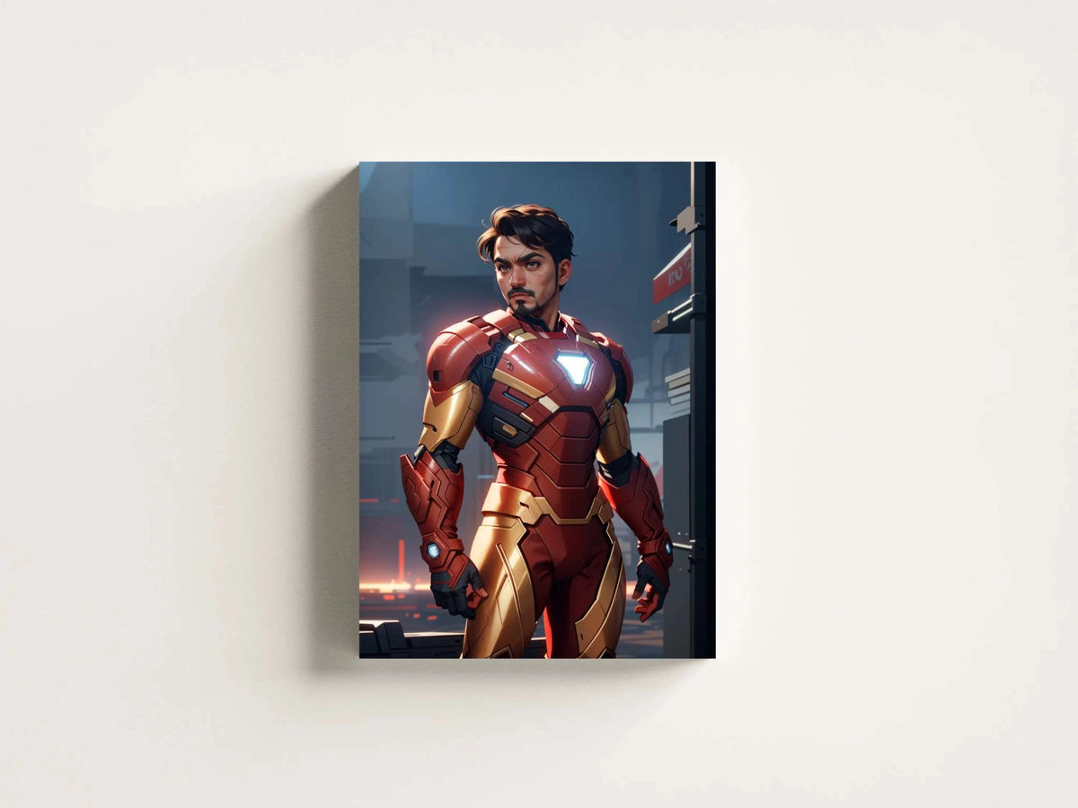 Custom superhero A.I. art print depicting a figure in a red and gold armor suit.