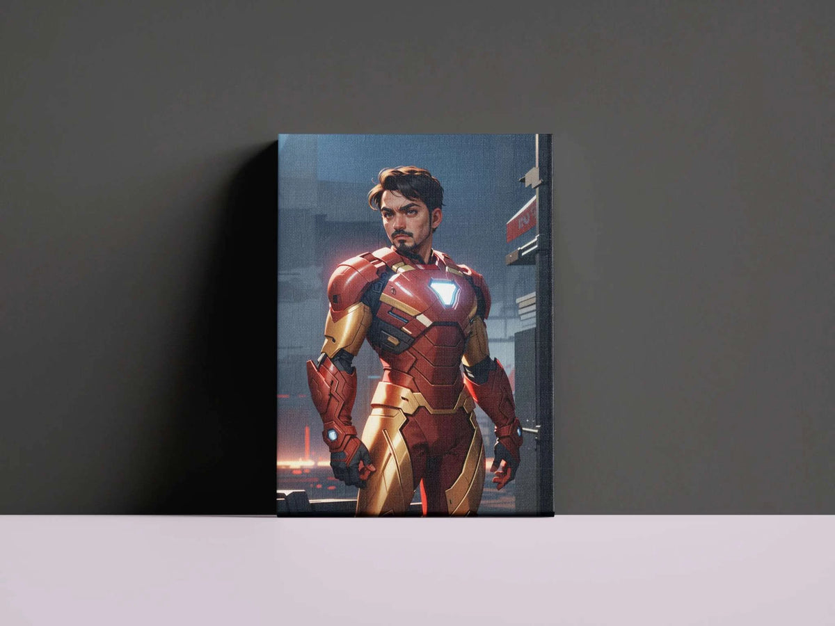 Custom superhero digital art canvas featuring a man in armor, showcasing personalized illustrated transformation.