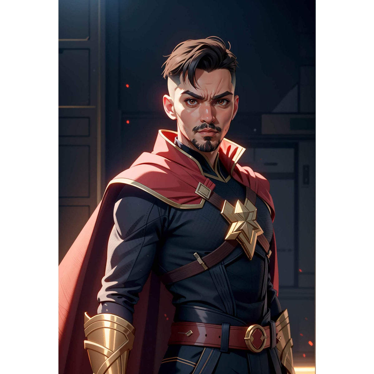 Custom digital art of a man in superhero costume, cape, and gold accents, inspired by Marvel and DC styles.