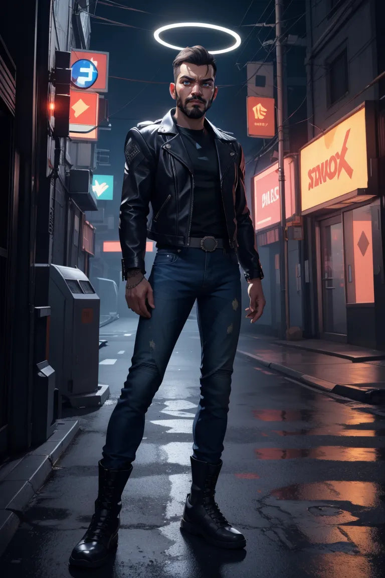 Cyberpunk-inspired artwork of a man in a neon-lit street, wearing a leather jacket and jeans.