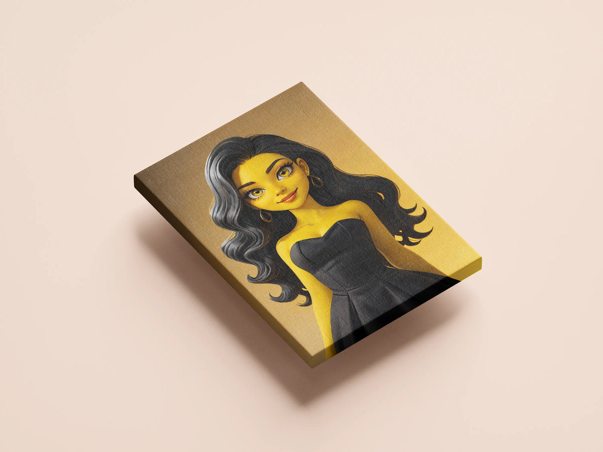 Custom Anime A.I. Art canvas featuring a female character in anime style with dark hair and a black dress.