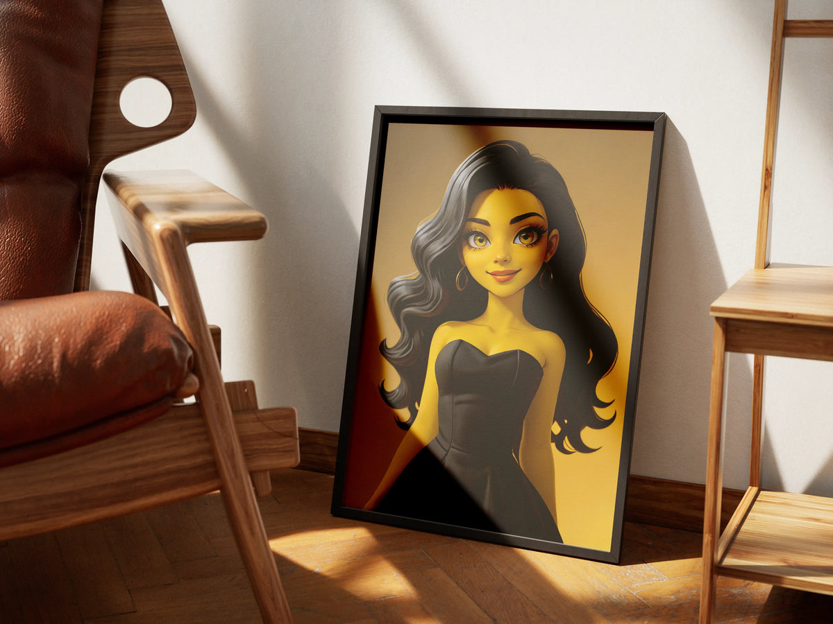 Custom anime A.I. art portrait featuring a woman in a black dress, framed and styled like Dragon Ball, displayed on a wooden floor.