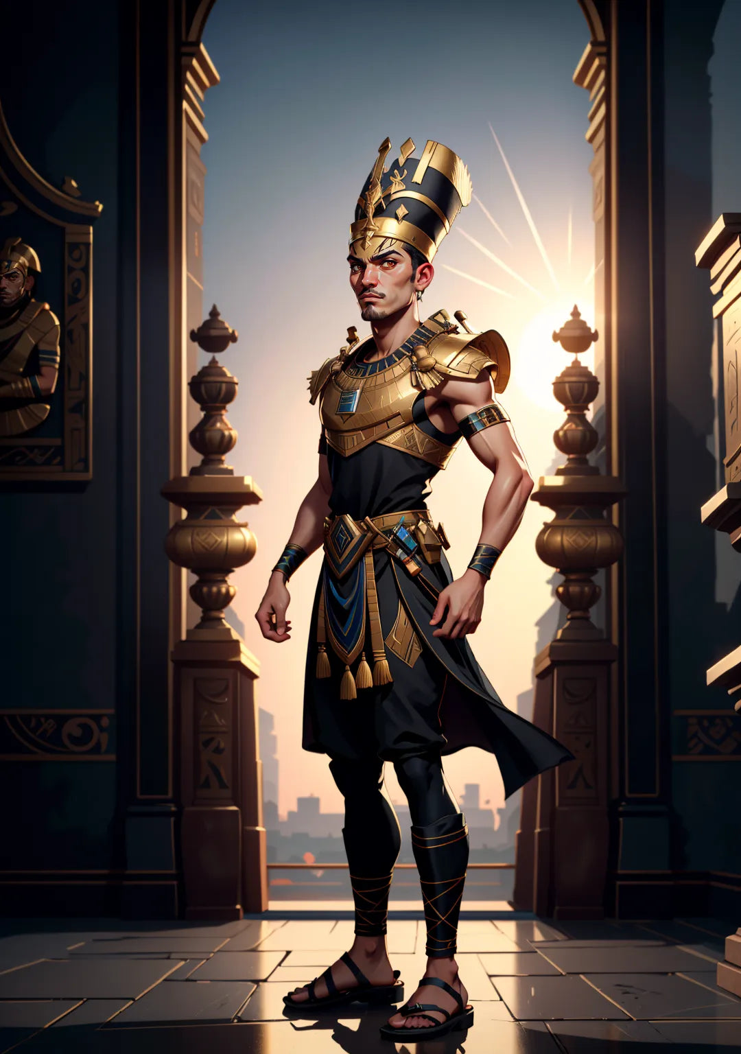 Ancient Egyptian pharaoh in regal attire with golden crown and hieroglyphic background.