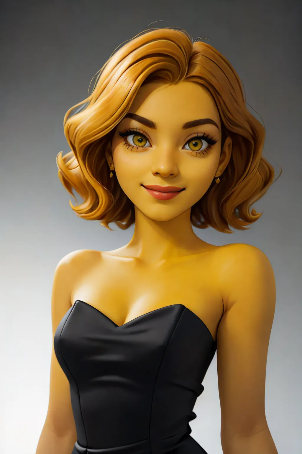 Custom Anime A.I. Art featuring a woman with short curly hair in a black strapless dress, showcasing anime-inspired style.