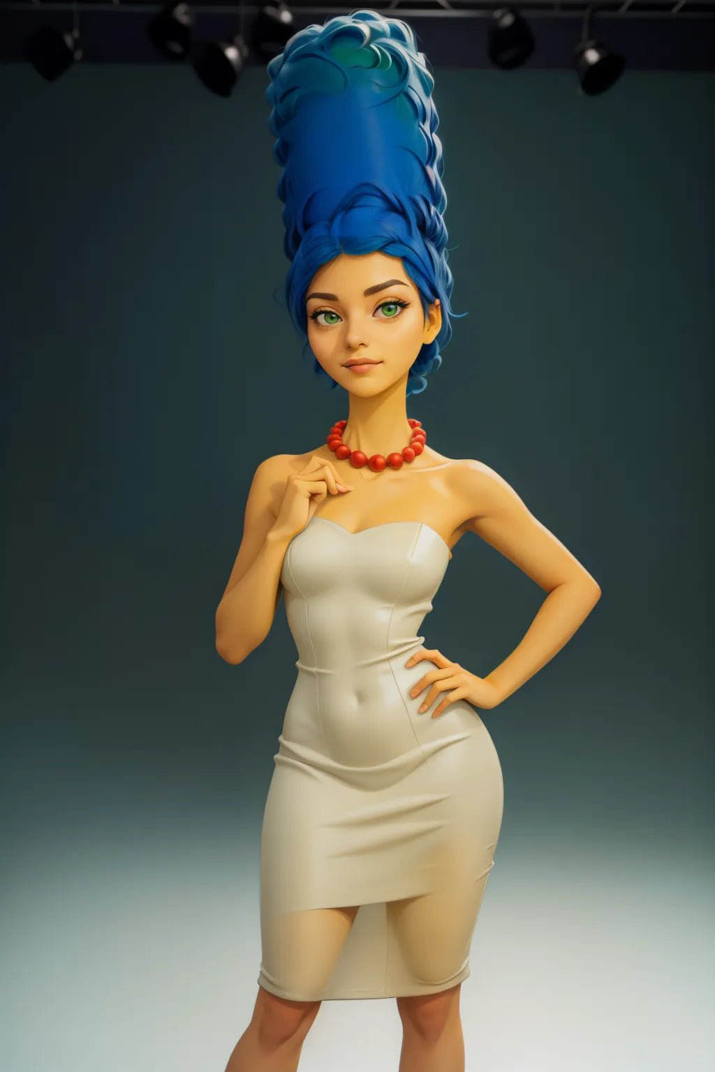 Custom Anime A.I. Art: The Simpsons-inspired digital anime character with blue hair and white dress.