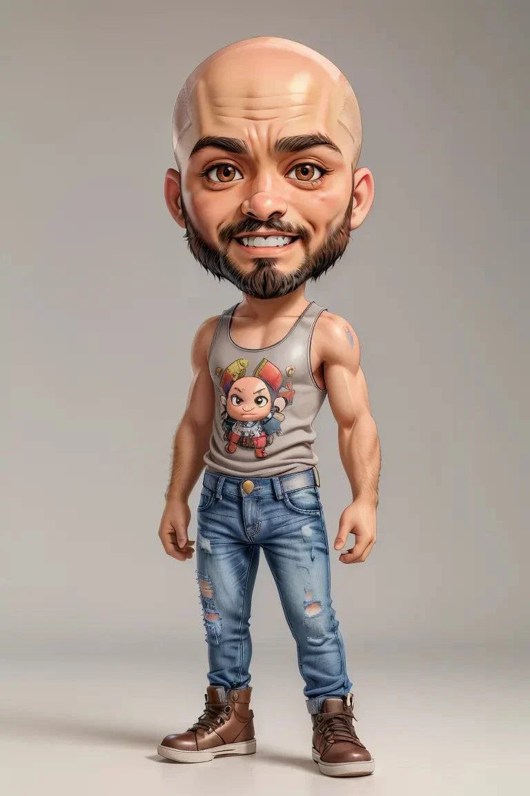 Custom A.I. art caricature design with bold features, wearing casual attire.