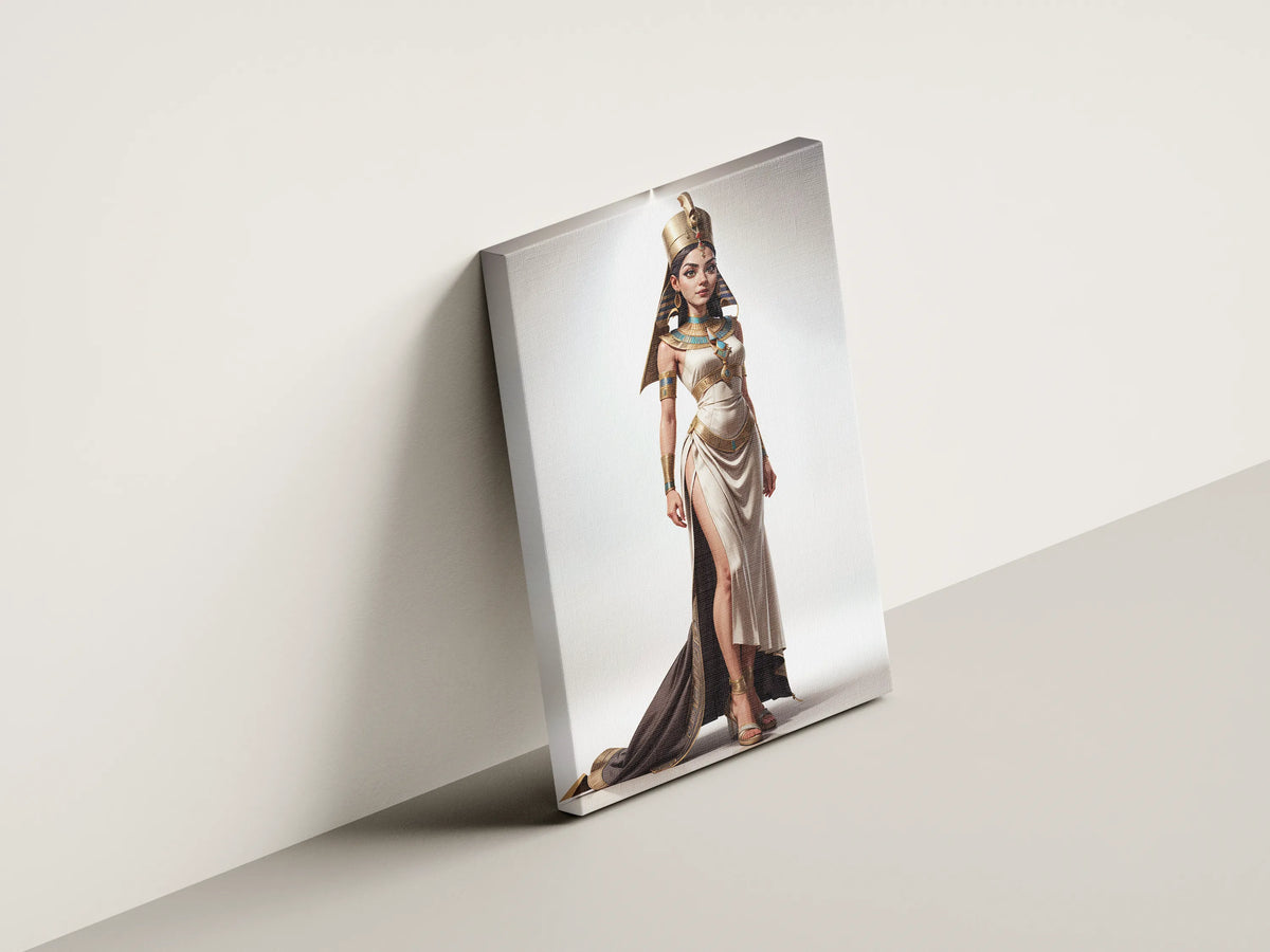 Custom Pharaoh A.I. Art showcasing a woman in ancient Egyptian attire with a golden crown, ideal for unique wall art.