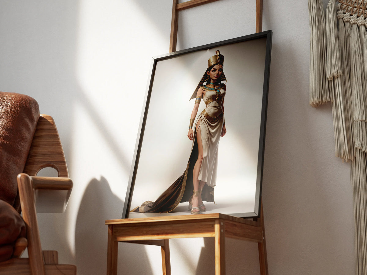 Ancient Egyptian queen digital art print, featuring a regal figure in traditional attire with a golden crown, resting on a wooden easel.