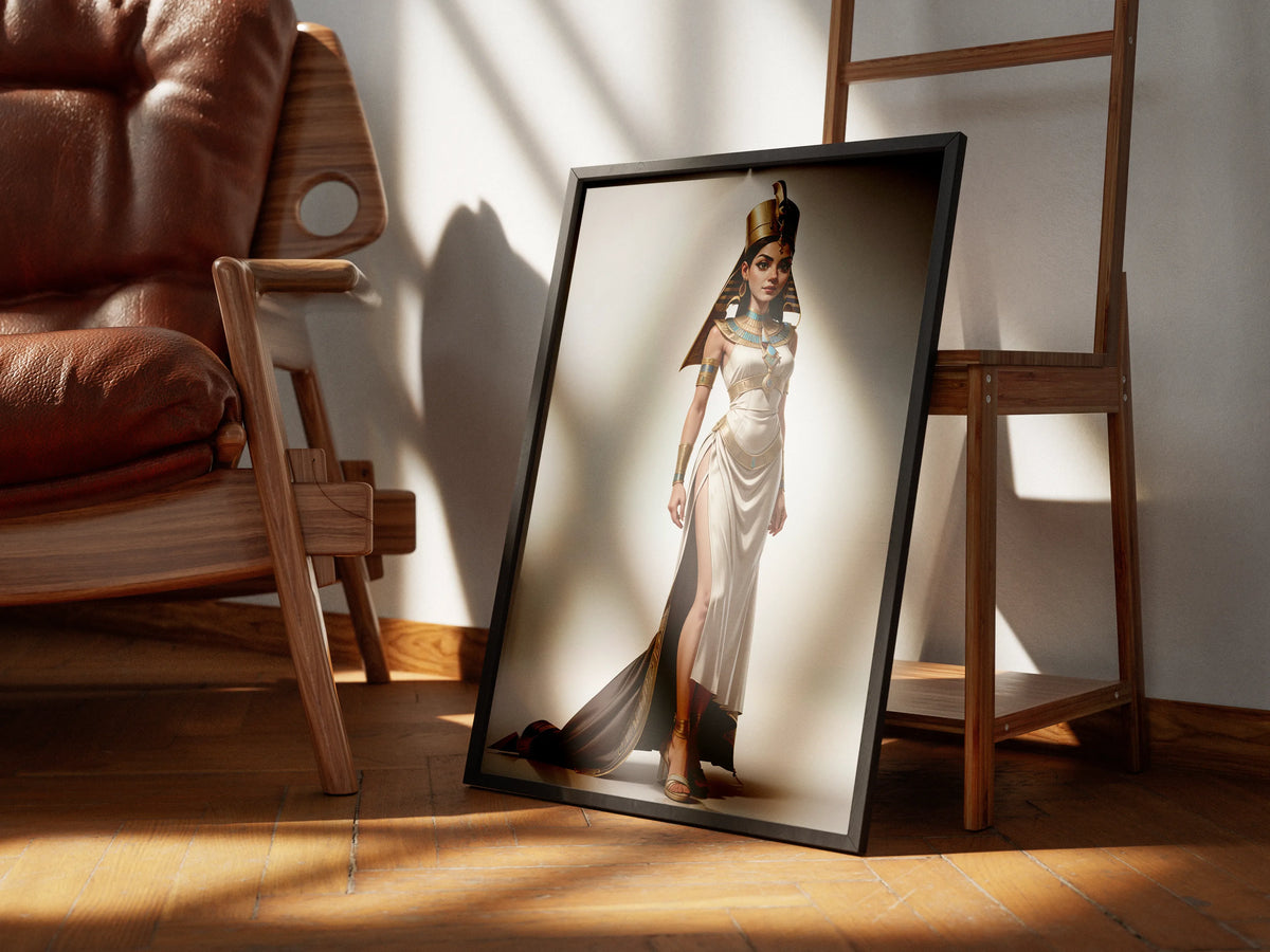 Custom Pharaoh A.I. Art depicting an ancient Egyptian queen in regal attire and golden crown.