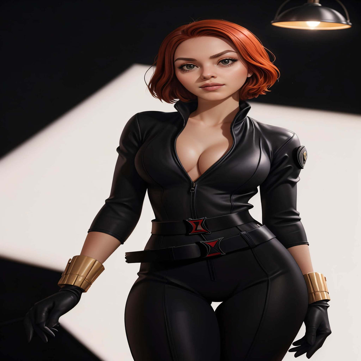 digital illustration of a female superhero in black leather outfit with red hair