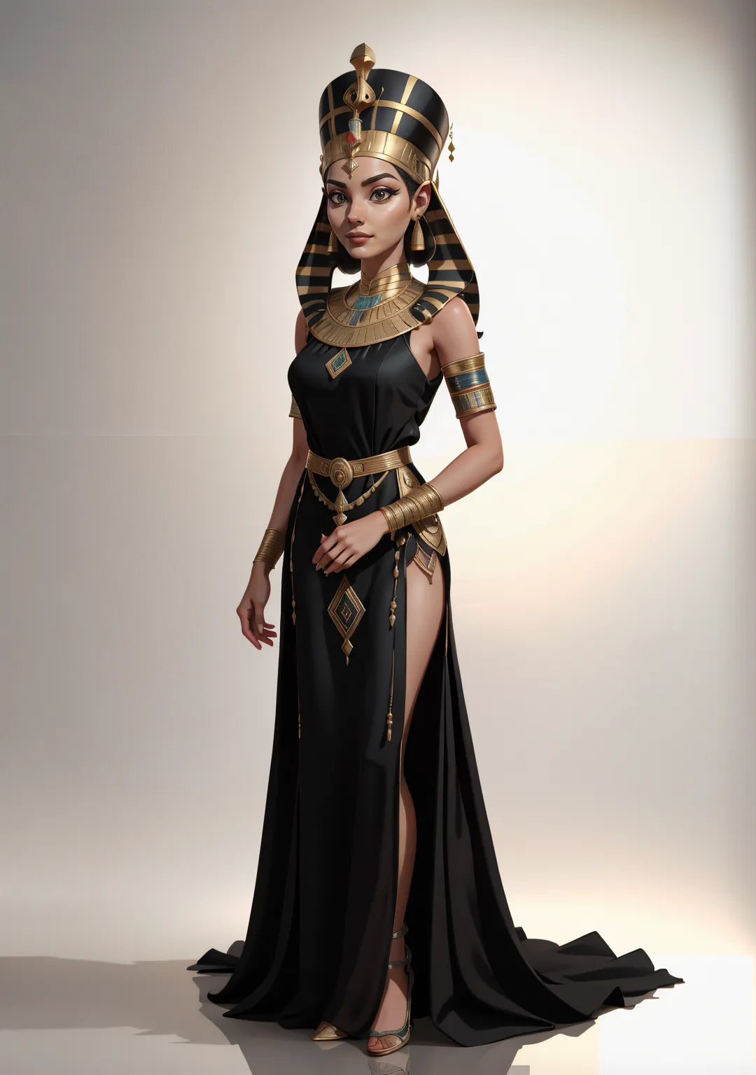 Custom Pharaoh A.I. art transforming individual into an ancient Egyptian queen with golden crown and regal attire.