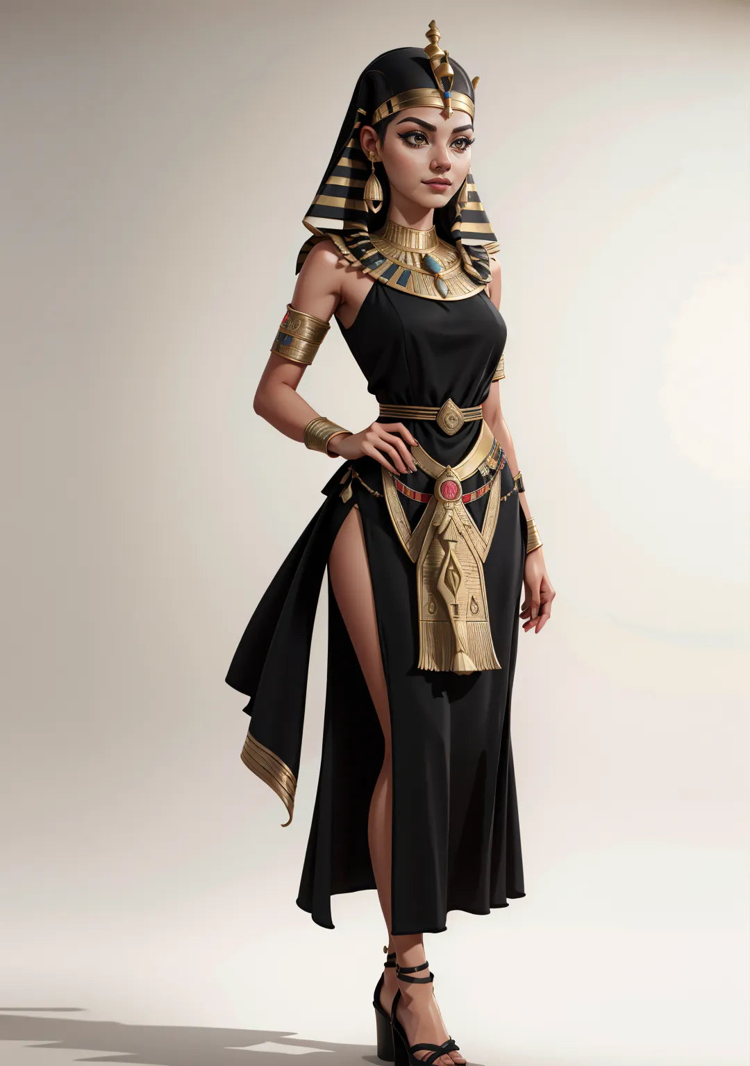 Ancient Egyptian Queen digital art from Custom Pharaoh A.I. services with regal attire and golden crown.