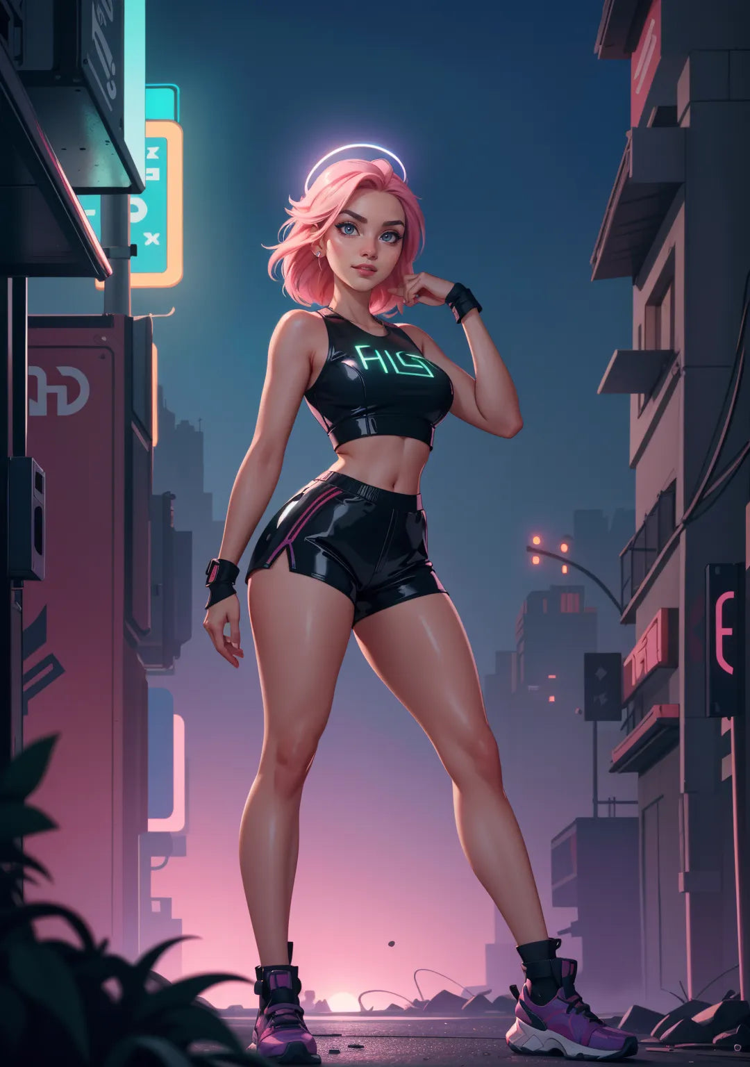 Futuristic pink-haired woman in cyberpunk cityscape with neon lights, wearing high-tech attire.