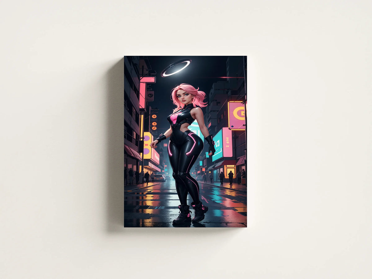 Futuristic art canvas depicting a cyberpunk character in neon cityscape.