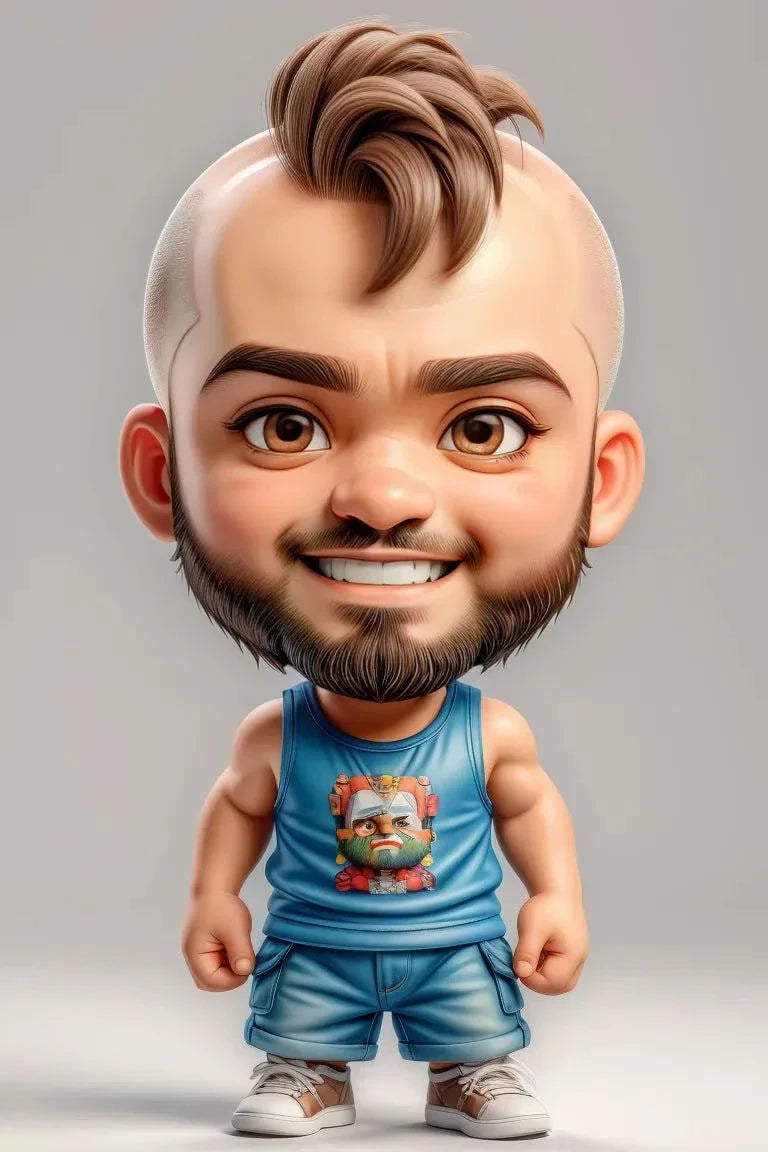Custom A.I. art depicting a cartoon-style character with a mohawk and beard, wearing a blue tank top and shorts.