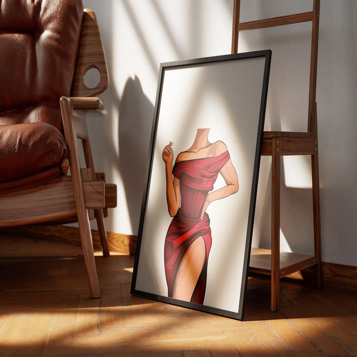 Digitalized art print of a bold red off-shoulder gown, showcasing intricate fabric detailing in a stylish design, part of the "Dress 1 Bundle."