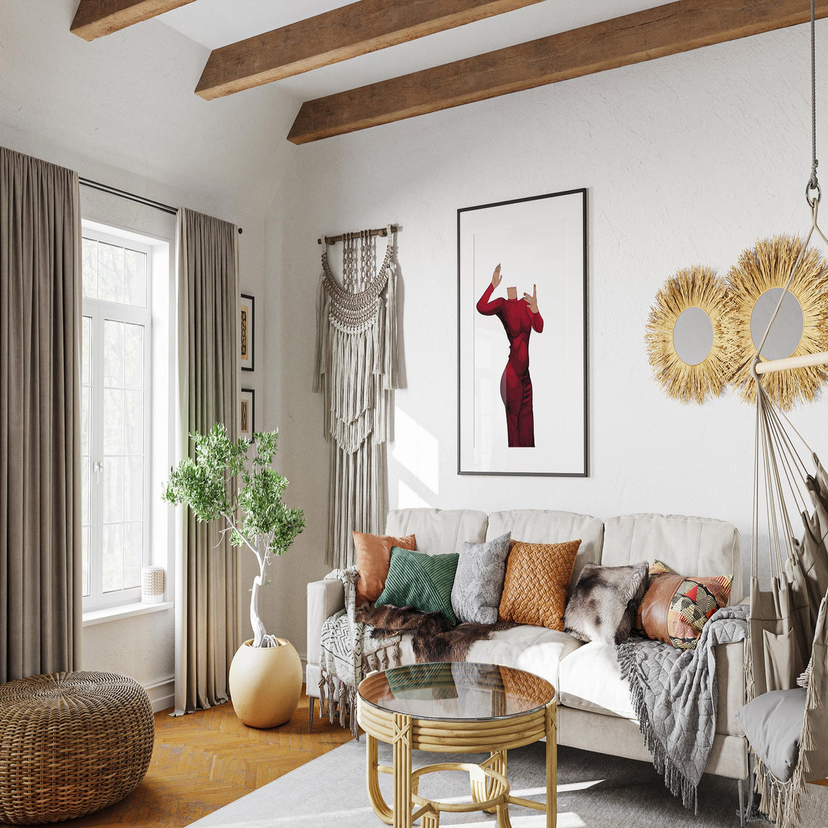 Modern living room with framed digital art of a red dress, emphasizing elegance and energy; "Baked Art - Dress 6."