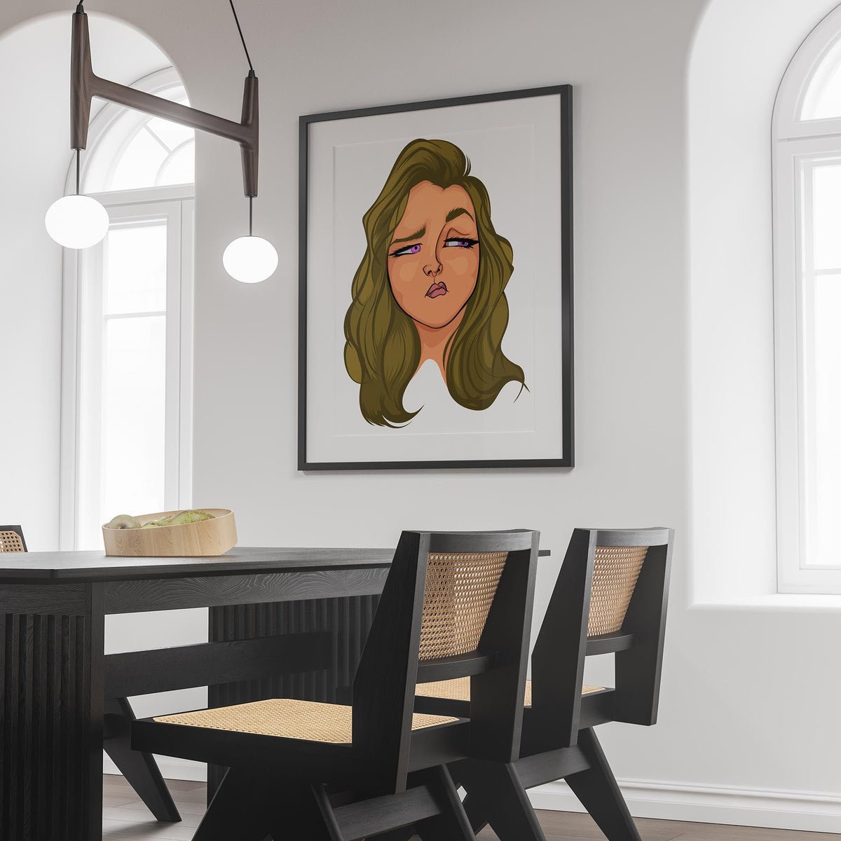 Wall art featuring the Baked Art - Character & Human Faces Model 6 in a modern dining room.
