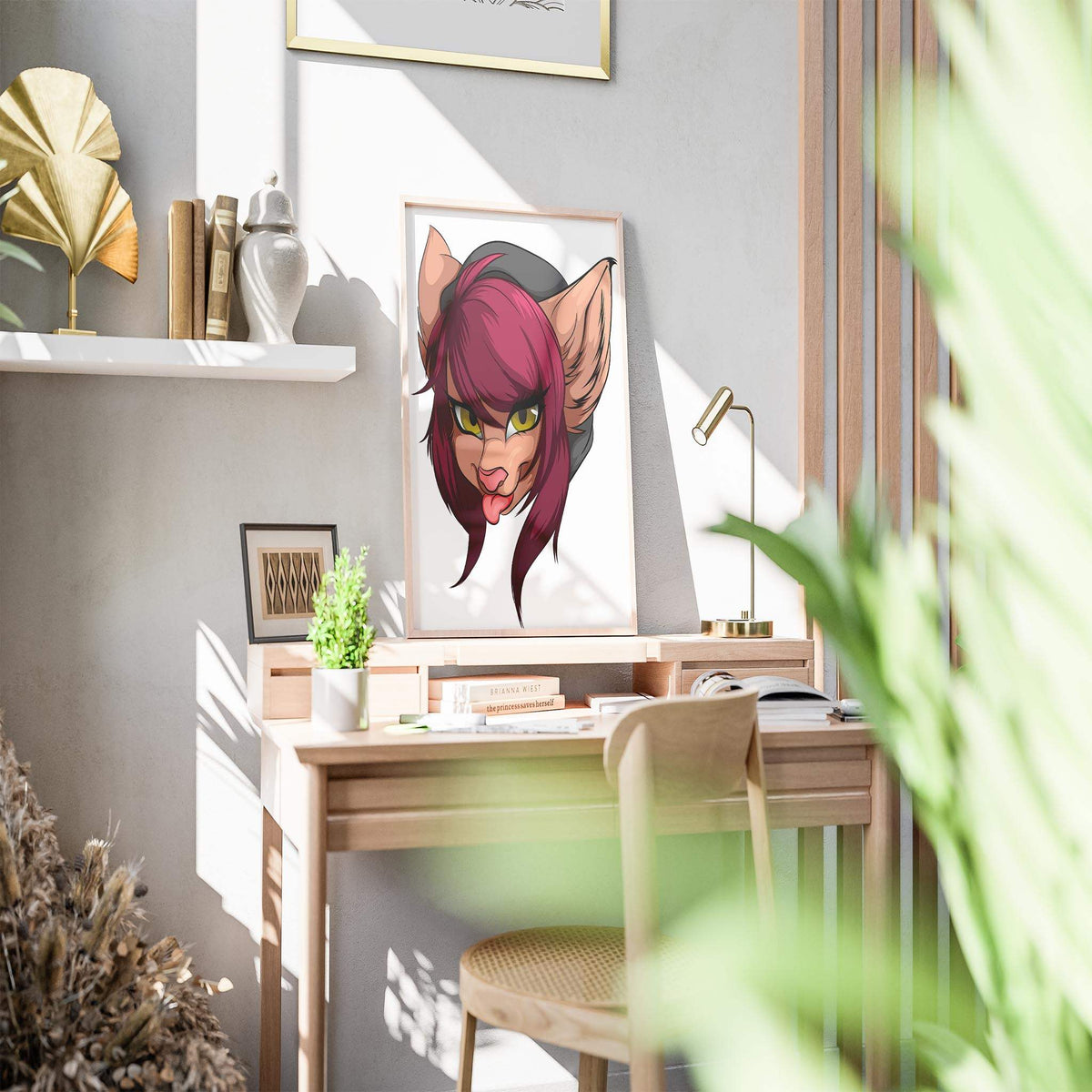 Maroon-haired furry character artwork with yellow eyes in a playful tongue-out pose on a framed print.