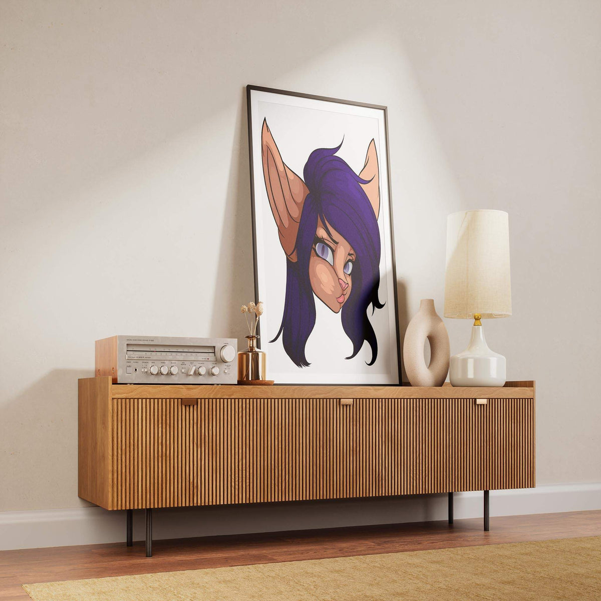 Baked Art - Furries Model 12 illustration with purple hair and gray eyes on a console table.