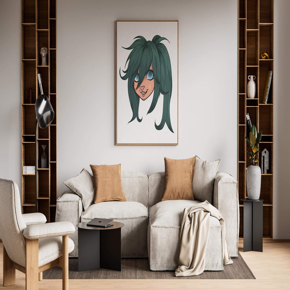 Furry character design with green hair and blue eyes, Baked Art - Furries Model 14 on wall above sofa.