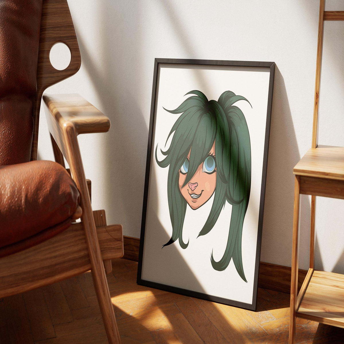 Framed digital artwork featuring a furry character with vibrant green hair and blue eyes, titled "Baked Art - Furries Model 14," displayed on a wooden floor.