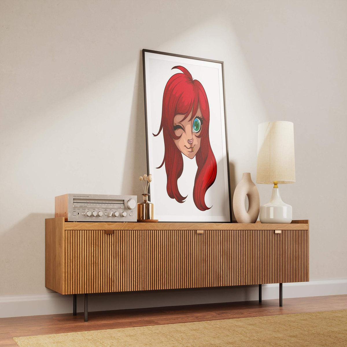 Digital furry art with red hair, playful wink, displayed on a wooden sideboard with a lamp and decor items, titled "Baked Art - Furries Model 15".