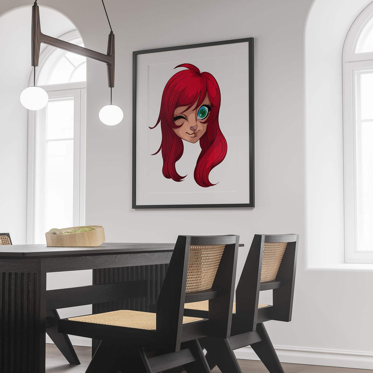 Furry art print with bold red hair and wink displayed in modern dining room.