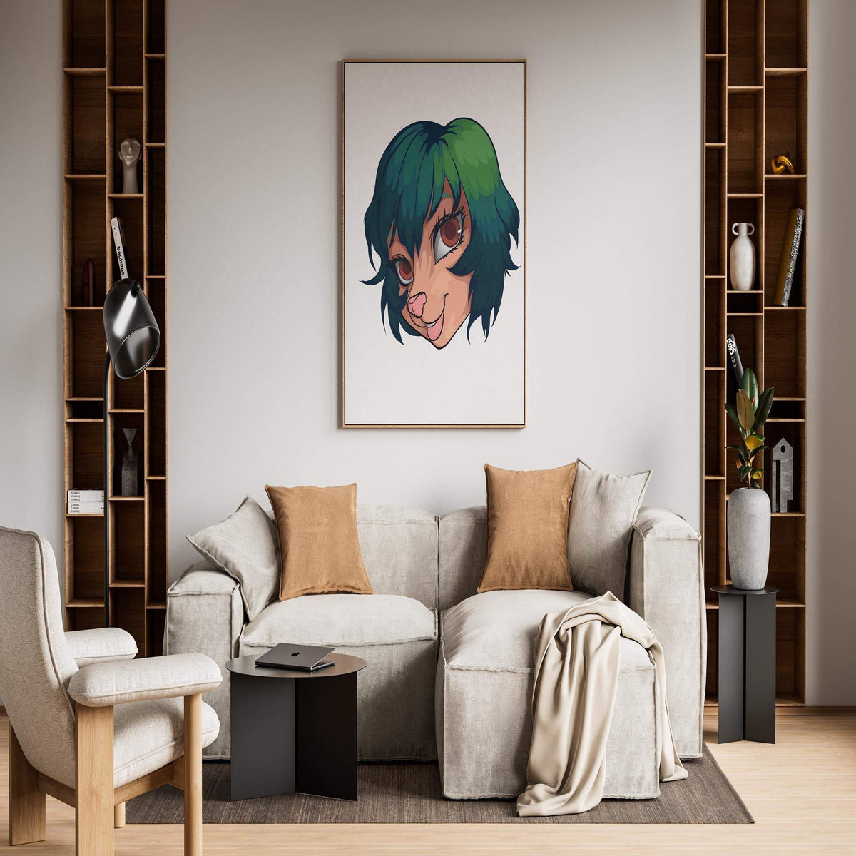 Furries Model 21 wall art featuring a furry character with expressive brown eyes and green-tinged hair, perfect for digital artists and furry enthusiasts.
