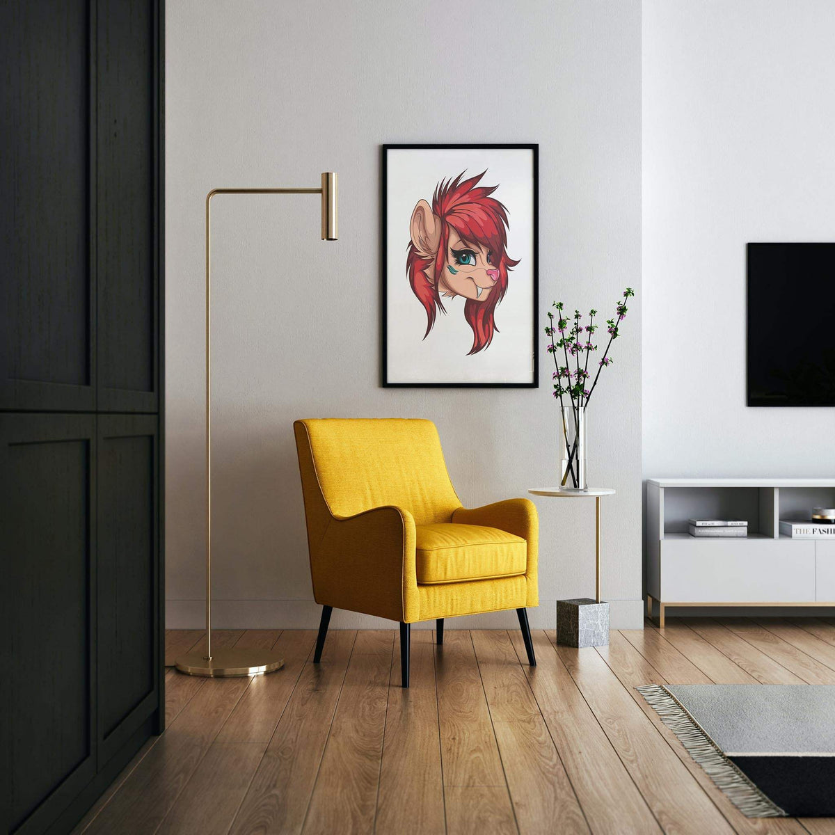 Fiery red furry portrait in modern living room, digitalized arts Baked Art - Furries Model 3.