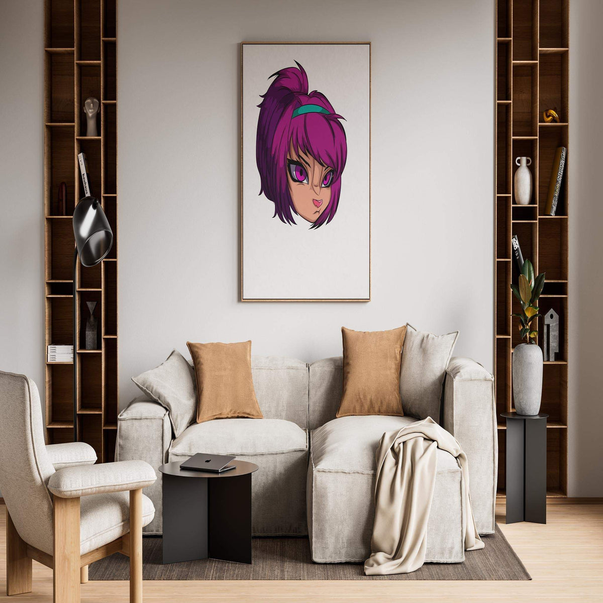 Vibrant magenta furry portrait in modern living room, digital art decor.
