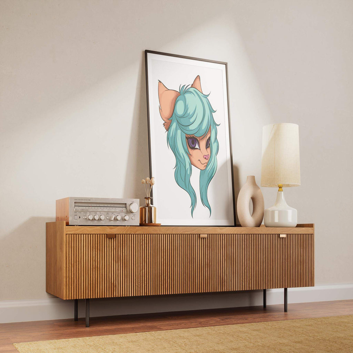 Aqua-haired furry art portrait with purple eyes displayed on wooden sideboard.