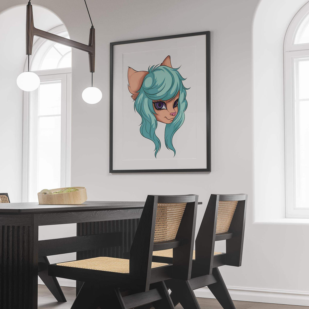 Aqua-haired furry character digital art with purple eyes, titled "Furries Model 6 - Digitalized Arts Baked Art," displayed on a wall.