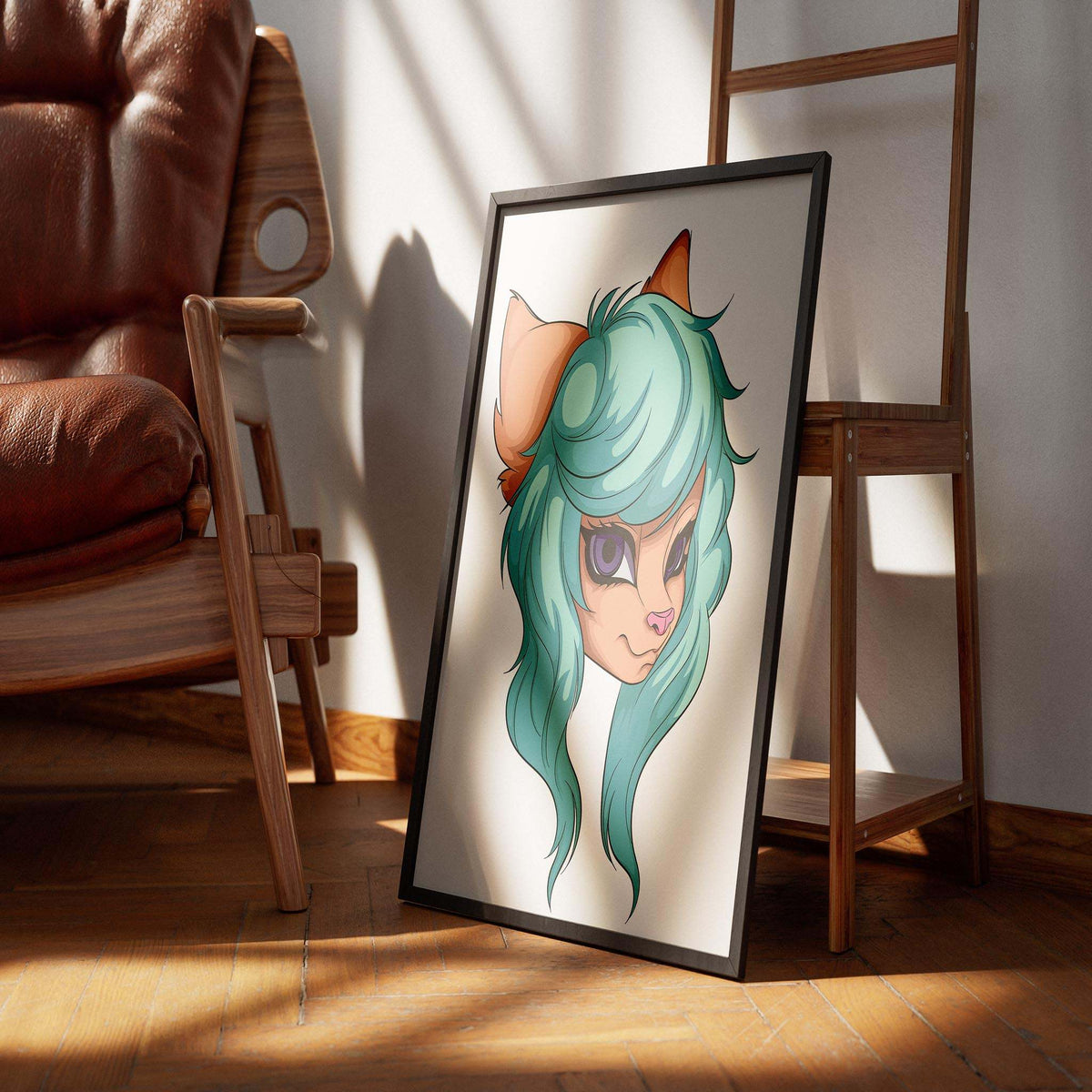 Aqua-haired furry character digital art with purple eyes, titled Furries Model 6, displayed in a frame on a wooden floor.