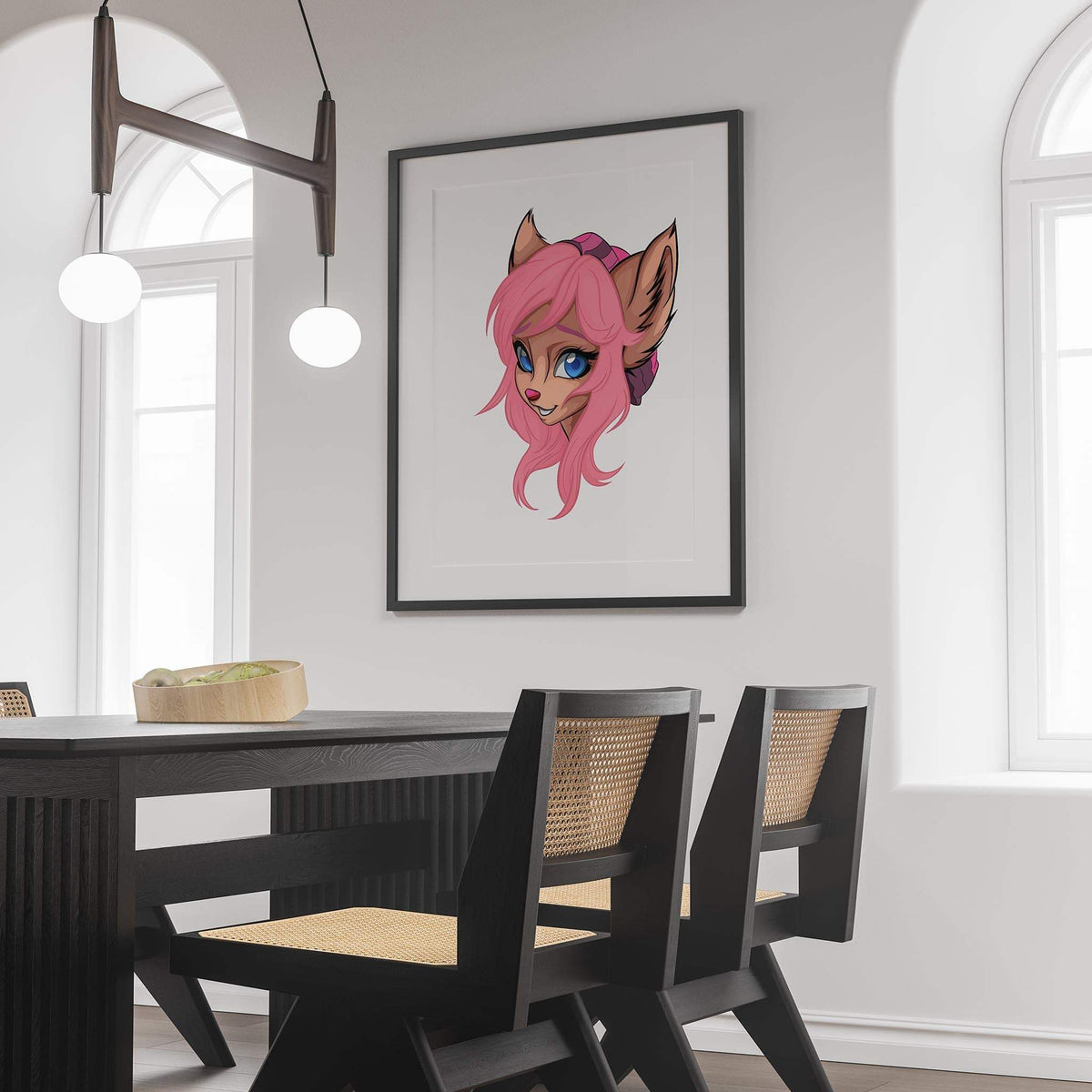 Pink-haired furry character artwork framed in a dining room, featuring bright blue eyes and soft pink hair.