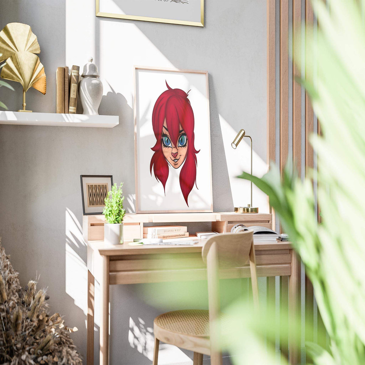Fiery red-haired furry character digital artwork, Furries Model 8, displayed in a modern room setting.
