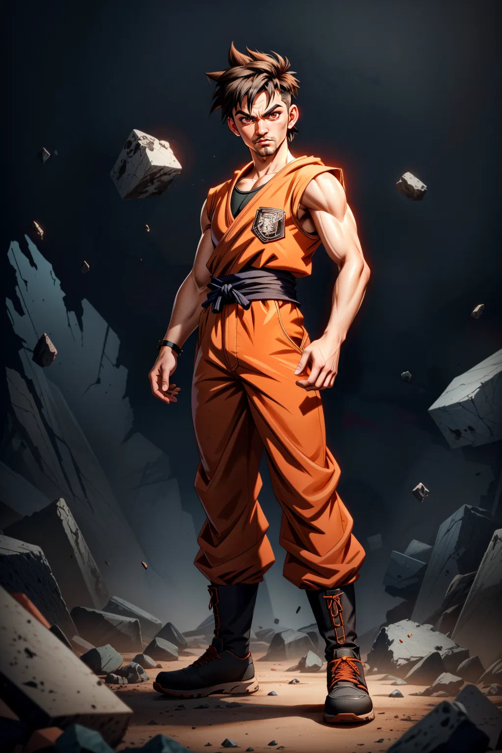 Custom anime character art digital download, featuring a character styled in iconic orange attire amidst a rocky landscape.