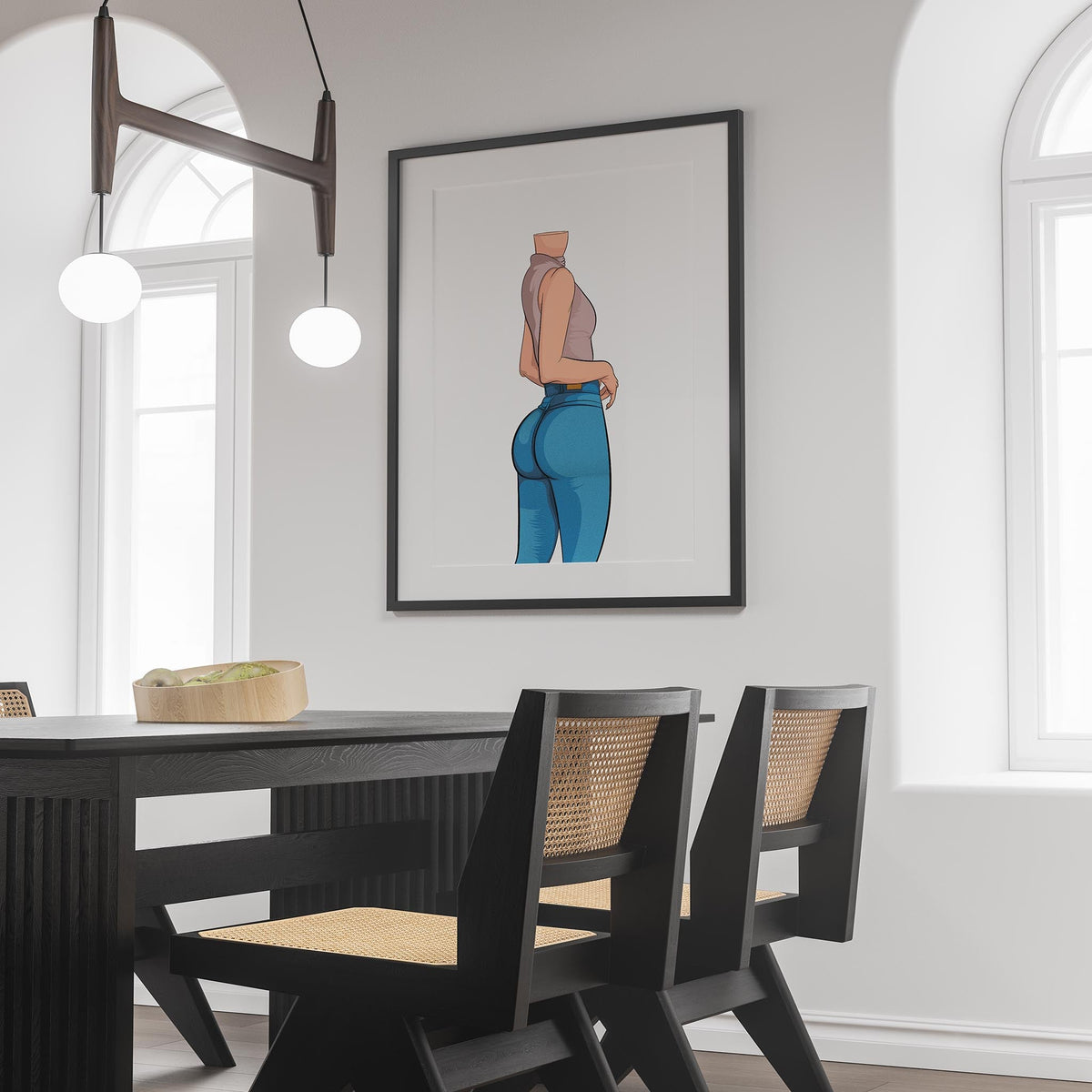 Digital artwork of Jeans Denim Model 22 framed on a wall in a stylish dining room.
