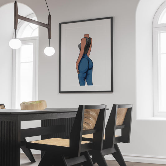 Framed artwork of Jeans Denim Model 29 showcasing sleek denim and a black top hanging in a modern dining room.