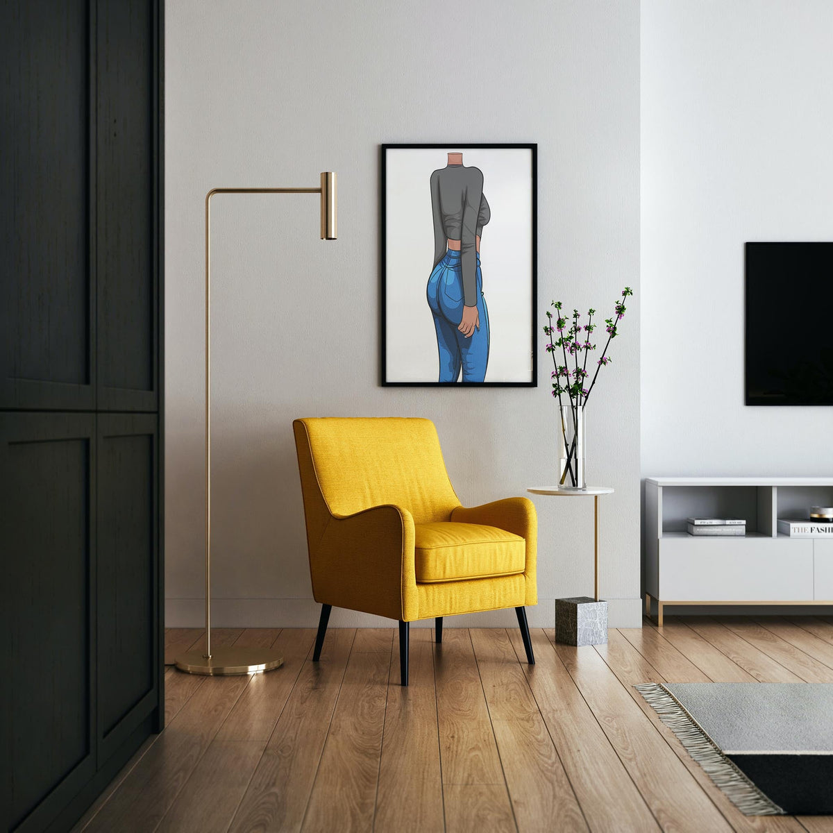 Digital illustration of Baked Art - Jeans Denim Model 33 in a modern living room setting.