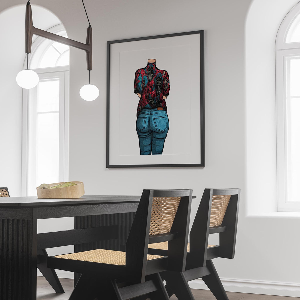 Skull-themed digital artwork with bold red and blue hues, featuring denim design, framed on a modern interior wall.