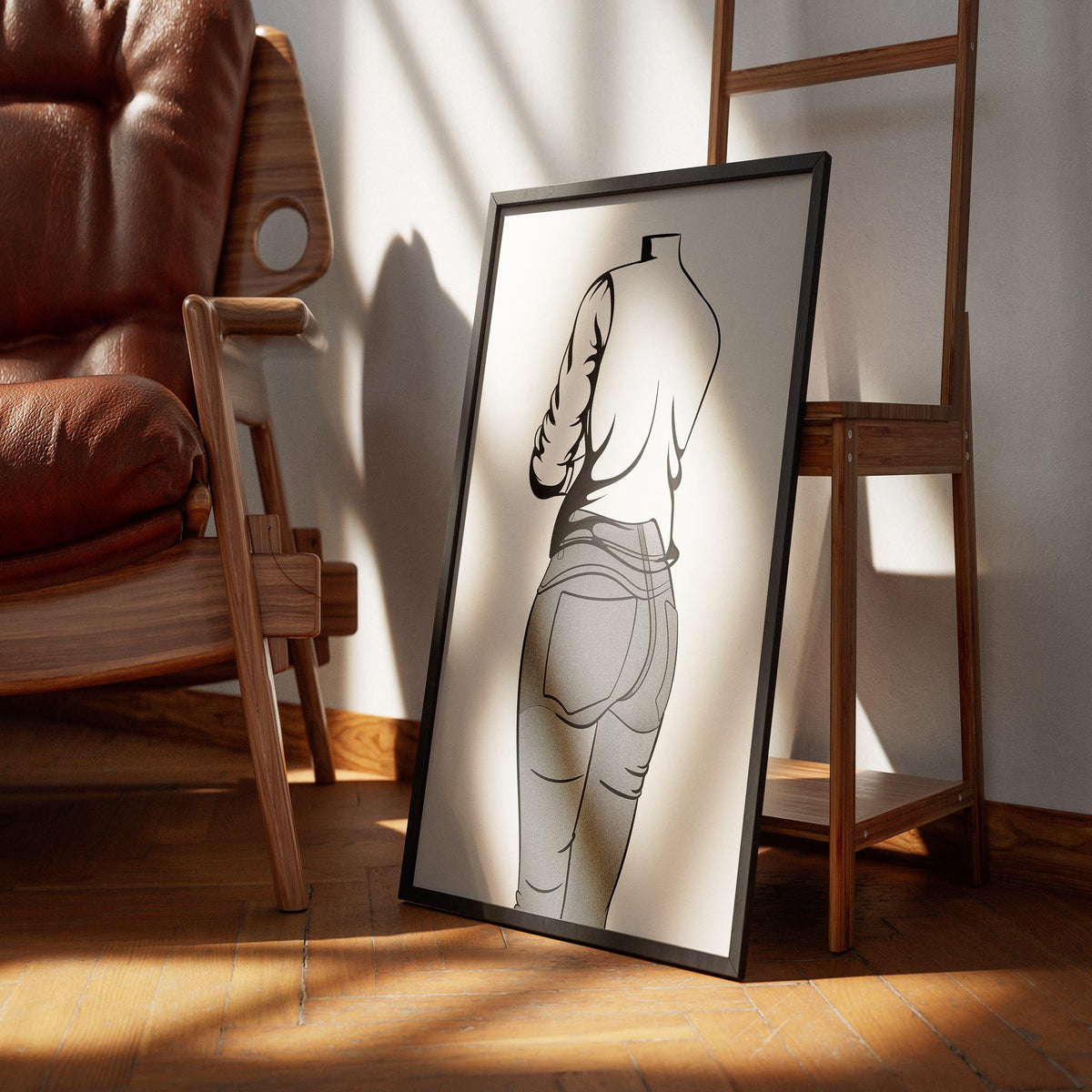 Jeans Denim Line Model Art 19 illustration in frame on wooden floor, highlighting sleek design and modern denim representation.