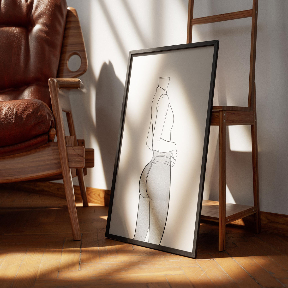Jeans Denim Model 22 digital line art, showcasing modern high-waist denim design in a stylish and contemporary setting.