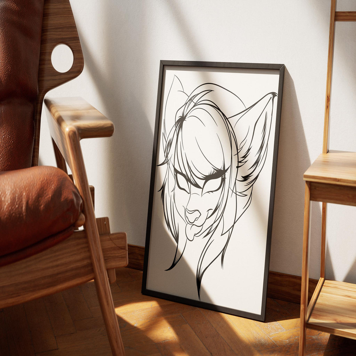 Furry line art portrait with fox-eared anime character, high-resolution digital artwork.