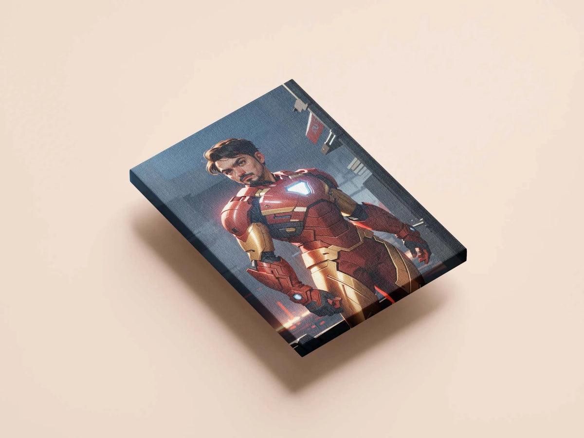 Custom superhero digital art depicting a man in Iron Man armor on canvas.