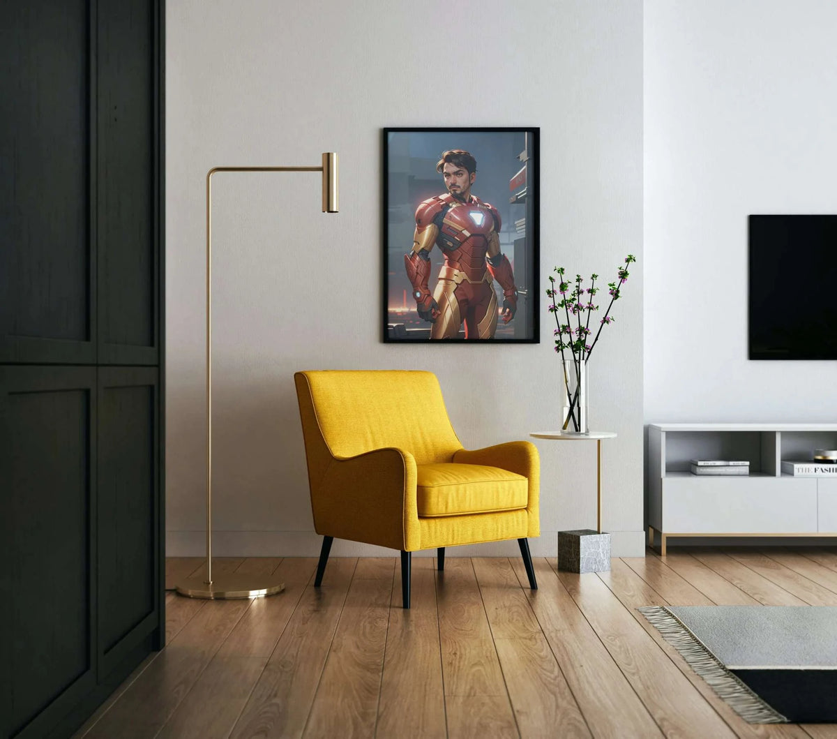 Custom superhero artwork displayed on wall above yellow chair in modern living room.