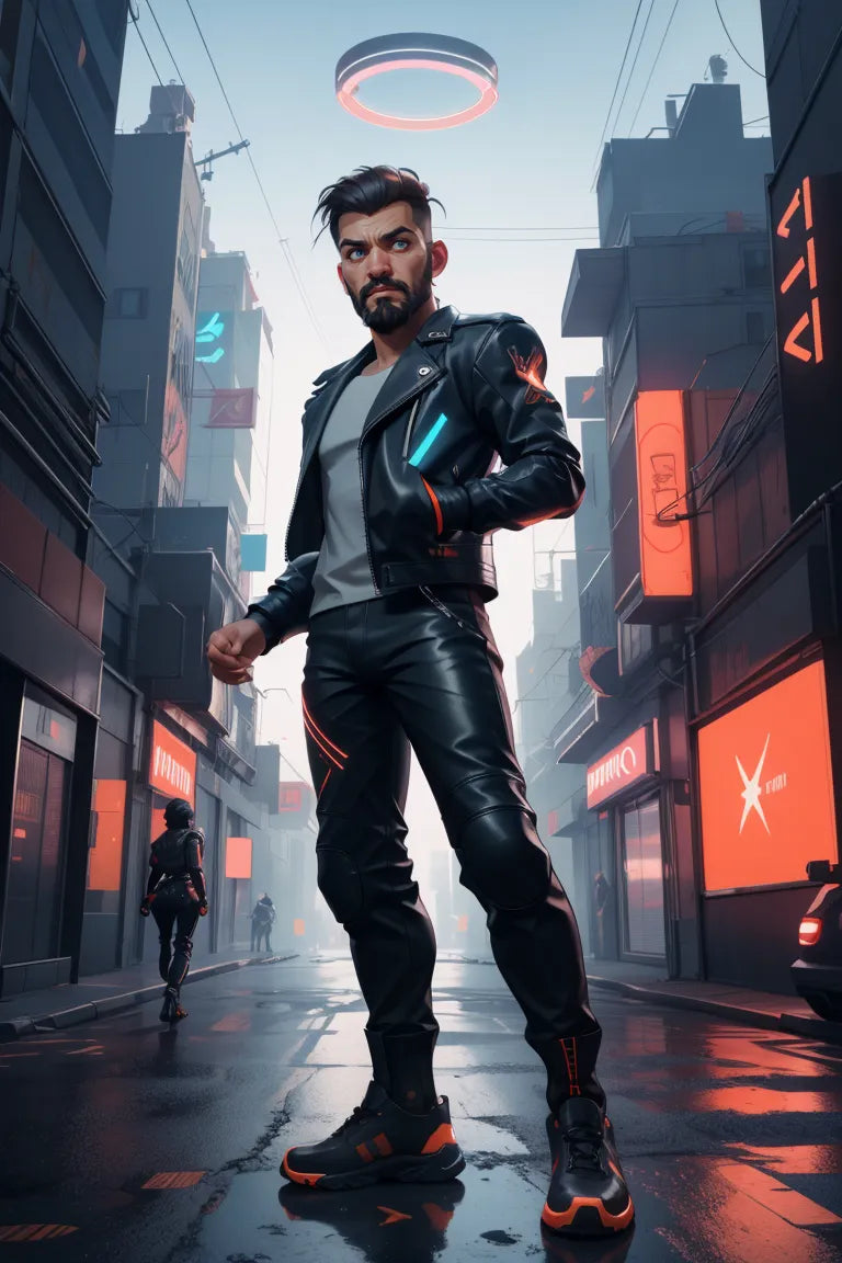 Cyberpunk-inspired character in futuristic cityscape with neon lights and high-tech attire.