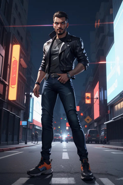 Custom A.I. cyberpunk art with neon colors and futuristic style.