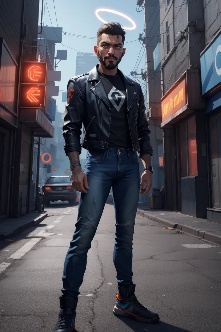 Innovative cyberpunk street fashion man with neon visuals, embodying futuristic urban style.