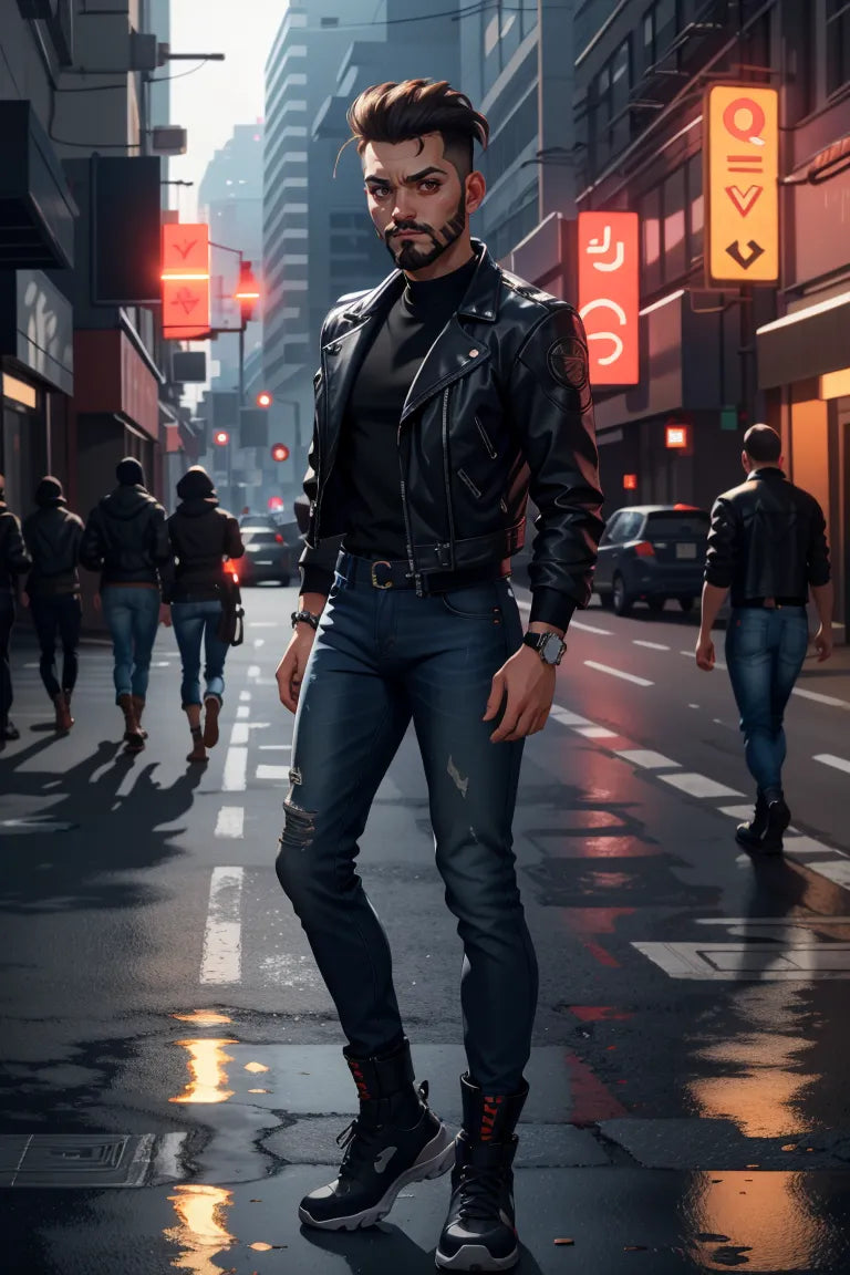 Futuristic cyberpunk art of a man in a leather jacket on a neon-lit city street.